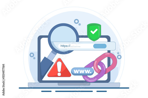concept of protection system from malicious links. dangerous and suspicious url addresses. unsafe website addresses. chain with shield and warning sign. flat vector illustration.