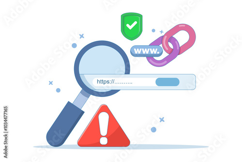 concept of protection system from malicious links. dangerous and suspicious url addresses. unsafe website addresses. chain with shield and warning sign. flat vector illustration.