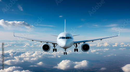 airplane front view, flying in the sky, good weather, sunny day