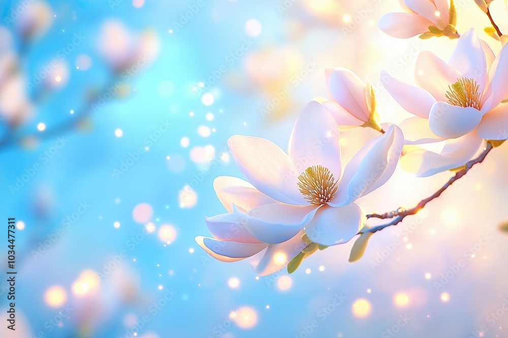 Fototapeta premium Beautiful Star Magnolias Illuminated by Warm Light Against a Soft Blue Backdrop in Springtime Bloom