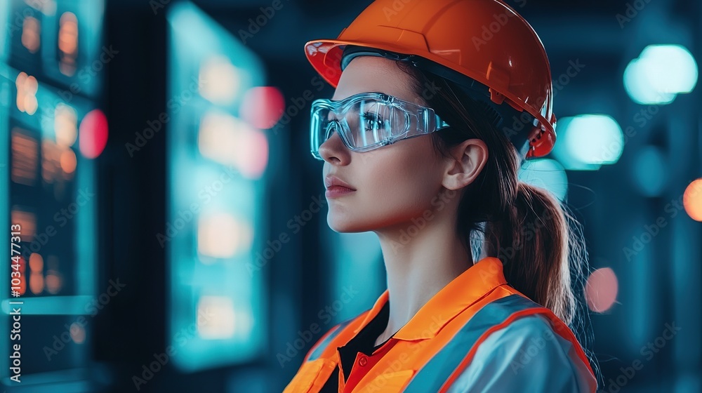A focused female engineer wearing safety gear, glasses, and an orange hard hat, observes control panels in a modern, dimly lit industrial setting.