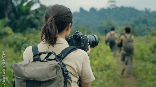 Fototapeta Naklejka Na Ścianę i Meble -  A photographer capturing a scenic jungle path while accompanying a group of explorers in nature.