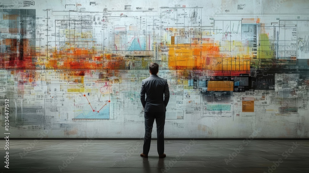 Obraz premium a moment of inspiration, where a businessperson stands in front of a large whiteboard filled with colorful charts and diagrams, contemplating the next big move