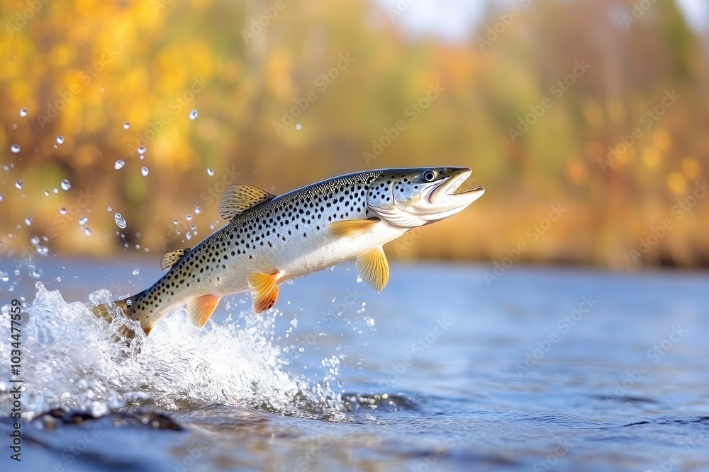 Trout Leaps Above Water After Huge During Vibrant Autumn Days