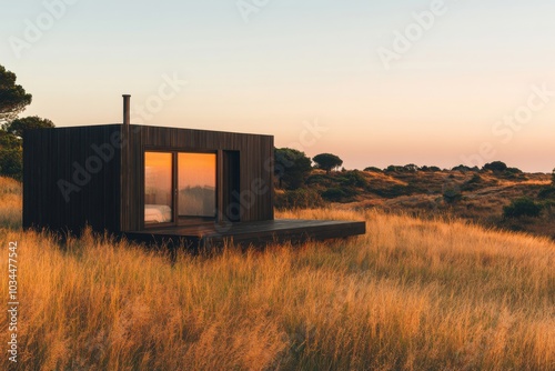 a small cabin sits in a field of tall grass