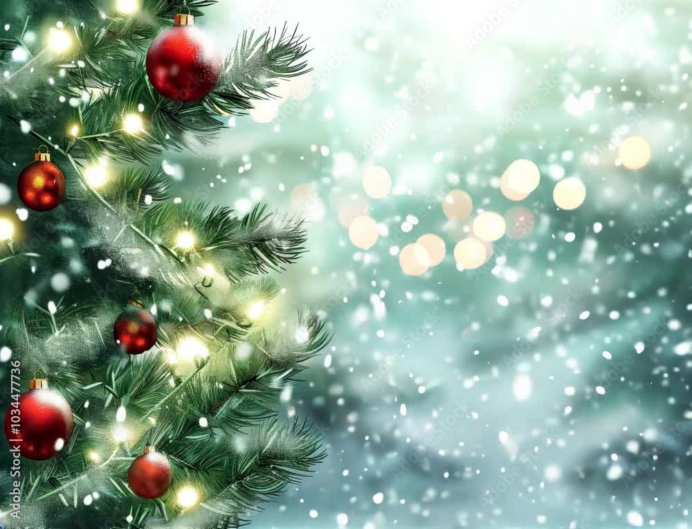 Christmas tree with red ornaments and lights. The tree is surrounded by snow and the background is a snowy landscape Christmas tree with red ornaments and lights. The tree is surrounded by snow and the background is a snowy landscape