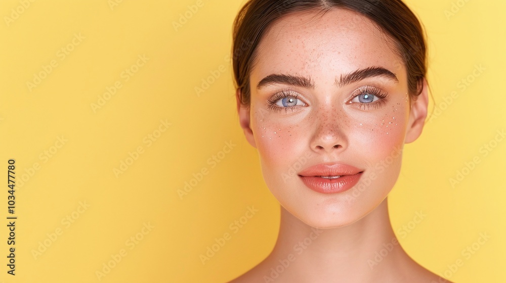 Woman with Blue Eyes, Brown Hair, Warm Yellow Background, Minimalist Style, Natural Makeup, Dewy Skin, Confident Expression, Soft Light, Warm Tones, Simple Background, Copyspace


