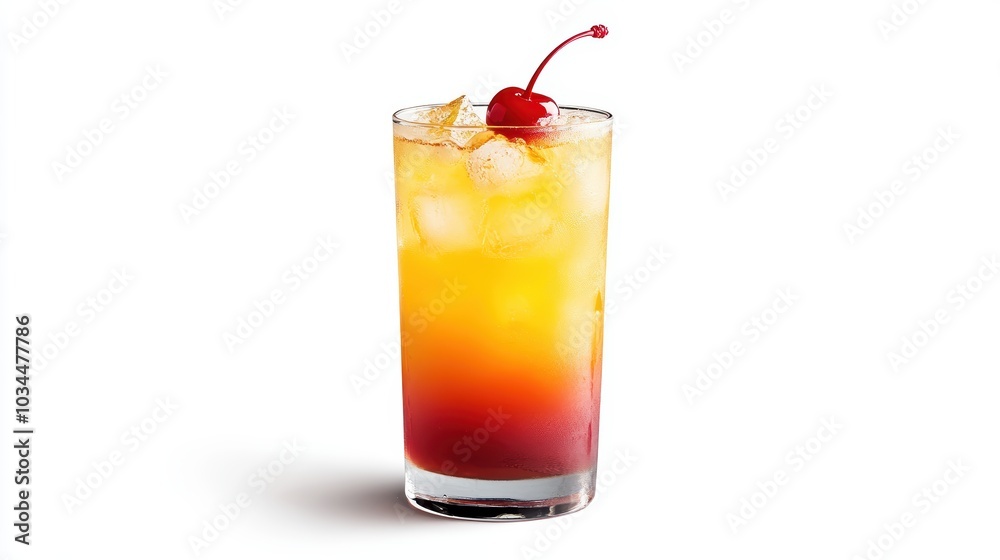 A tequila sunrise with colorful layers and a cherry garnish, styled against a white background for a vibrant restaurant menu display A tequila sunrise with colorful layers and a cherry garnish, styled against a white background for a vibrant restaurant menu display
