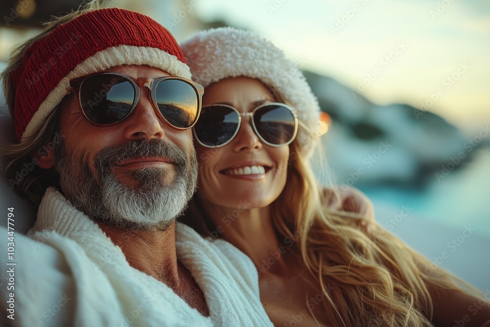 Couple enjoying a sunset on the beach with festive hats and sunglasses during winter vacation Couple enjoying a sunset on the beach with festive hats and sunglasses during winter vacation