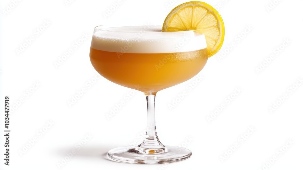A whiskey sour with a lemon wheel garnish, perfectly framed on a crisp white background for an elegant restaurant menu A whiskey sour with a lemon wheel garnish, perfectly framed on a crisp white background for an elegant restaurant menu