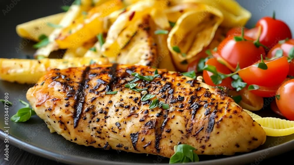 A grilled chicken breast with grill marks, served with roasted potatoes and cherry tomatoes, is a simple yet satisfying meal