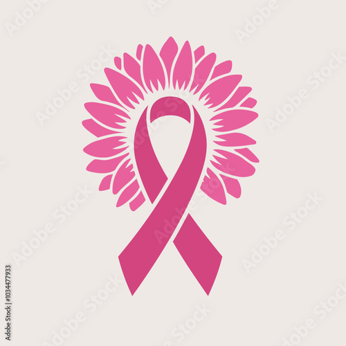 Breast cancer awareness pink ribbon. Floral ribbon icon. Vector illustration.