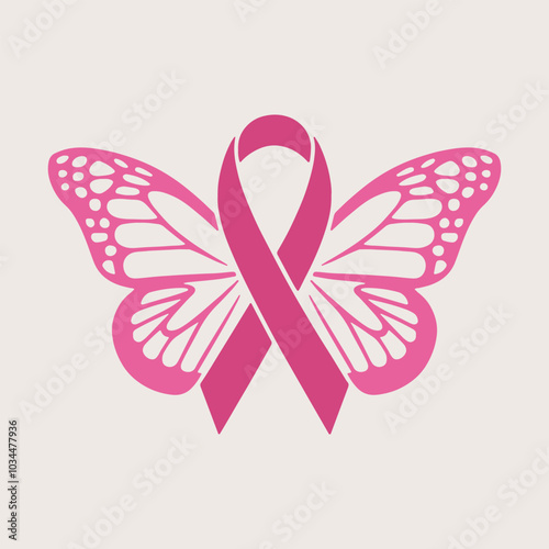 Breast cancer awareness pink ribbon. Butterfly ribbon icon. Vector illustration.