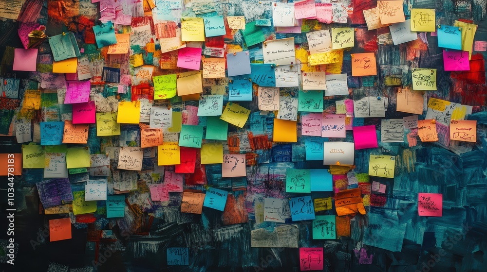 Fototapeta premium a brainstorming wall covered in colorful post-it notes and sketches of charts, illustrating the chaotic yet exciting nature of generating new business ideas