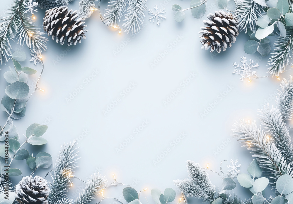 A light blue background with a delicate floral frame made of snowflakes, pine cones, and leaves in the corners, creating an atmosphere of winter wonderland. A light blue background with a delicate floral frame made of snowflakes, pine cones, and leaves in the corners, creating an atmosphere of winter wonderland.