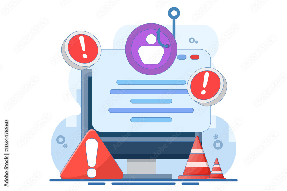 phishing website warning concept. dangerous and suspicious website. account theft prevention. login page illustration with cross and warning. flat vector illustration on background. phishing website warning concept. dangerous and suspicious website. account theft prevention. login page illustration with cross and warning. flat vector illustration on background.