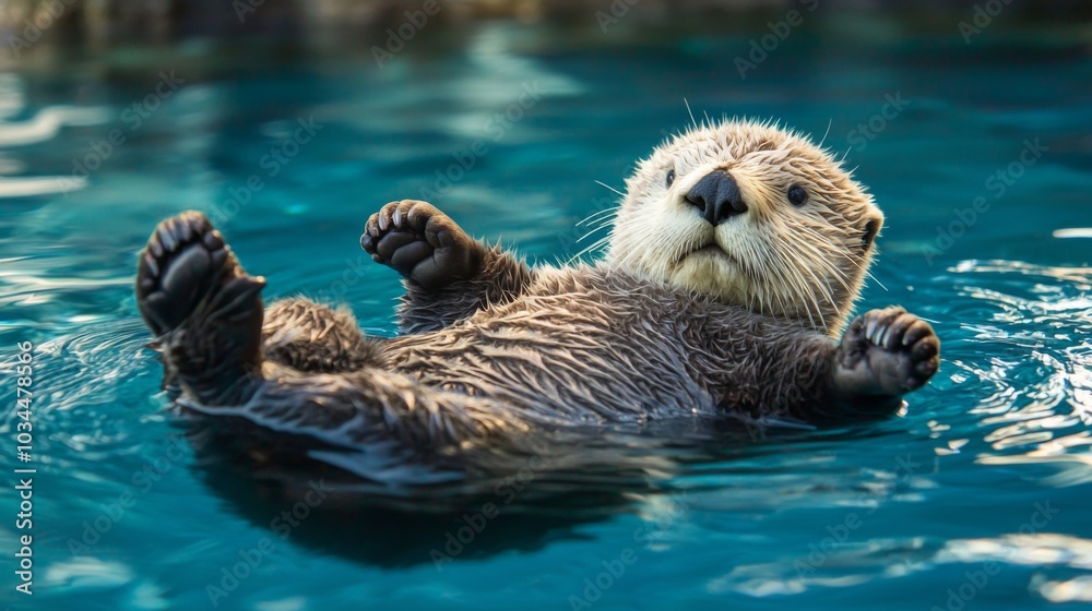 Playful sea otter floating on its back in clear blue water Playful sea otter floating on its back in clear blue water
