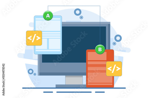 AB testing concept, Comparison of separate wireframe applications on smart device display, comparing test results between 2 website design pages. Flat vector illustration.