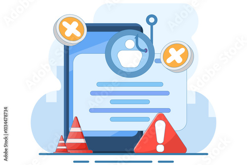 phishing website warning concept. dangerous and suspicious website. account theft prevention. login page illustration with cross and warning. flat vector illustration on background.