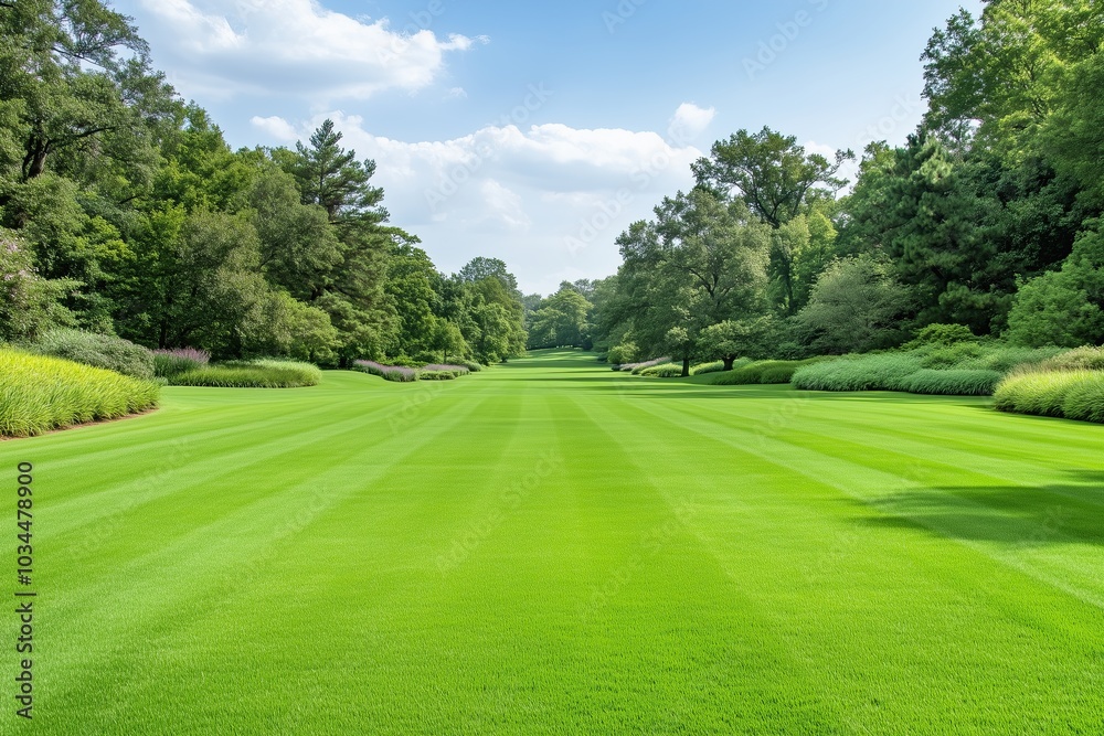 Lush Green Lawn Stretching Towards the Horizon in a Tranquil Park Setting on a Sunny Day Lush Green Lawn Stretching Towards the Horizon in a Tranquil Park Setting on a Sunny Day