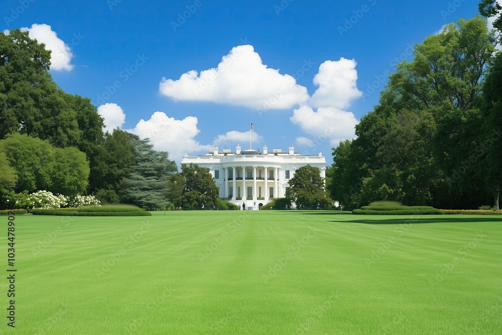 The White House Lawn Under a Blue Sky With Clouds on a Sunny Day The White House Lawn Under a Blue Sky With Clouds on a Sunny Day