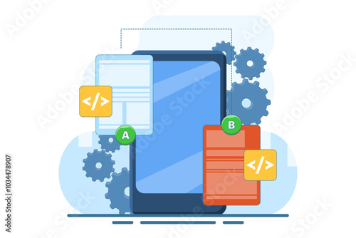 AB testing concept, Comparison of separate wireframe applications on smart device display, comparing test results between 2 website design pages. Flat vector illustration.