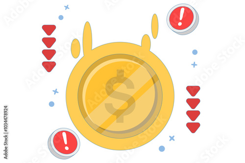 dollar currency depreciation concept. dollar value keeps decreasing. financial problems. dollar coin with down arrow and warning sign. flat style design vector illustration.