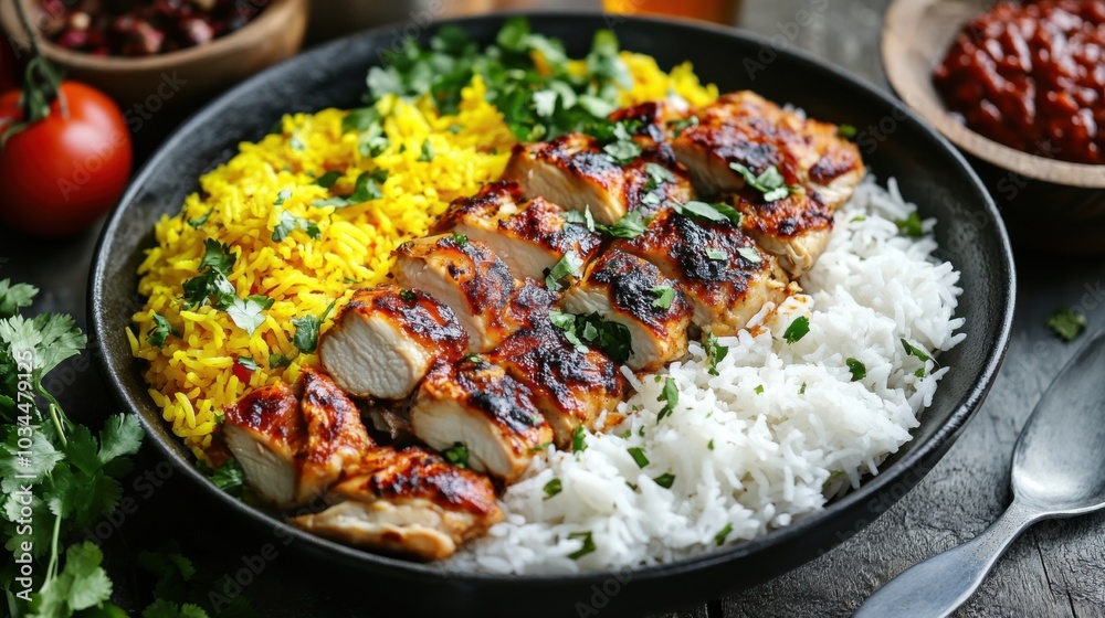 a plate of food with rice and meat a plate of food with rice and meat