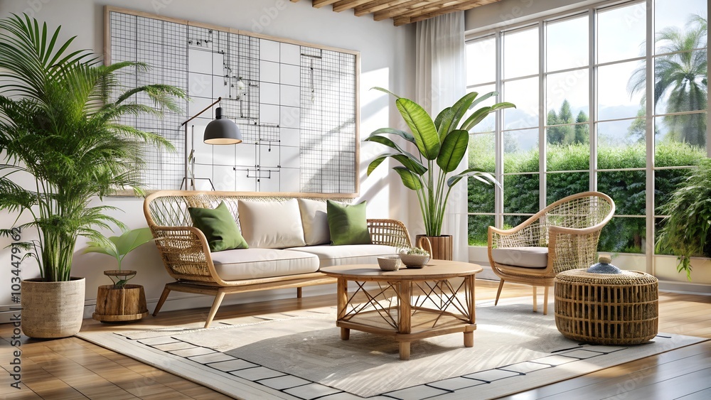 3D Render of a tropical living room with rattan furniture, indoor plants, and a bamboo coffee table, floor plan, on isolated 3D Render of a tropical living room with rattan furniture, indoor plants, and a bamboo coffee table, floor plan, on isolated