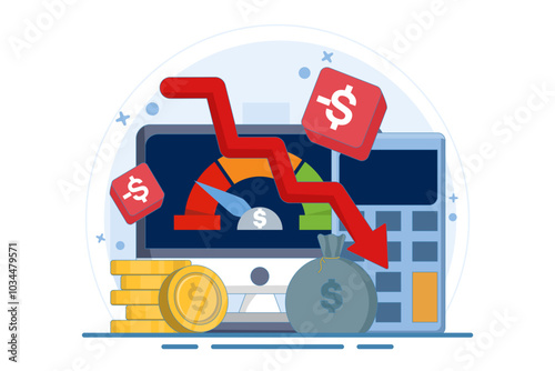 Financial crisis, Economic recession, Market crash, Bankruptcy, Company failure, Debt, Loss of money income, Financial growth and economic downturn, Financial failure. Vector illustration.