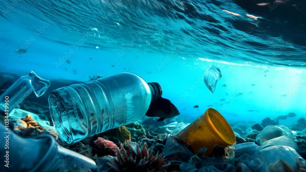 Exploring the impact of ocean pollution with plastic waste on the seafloor during sunset