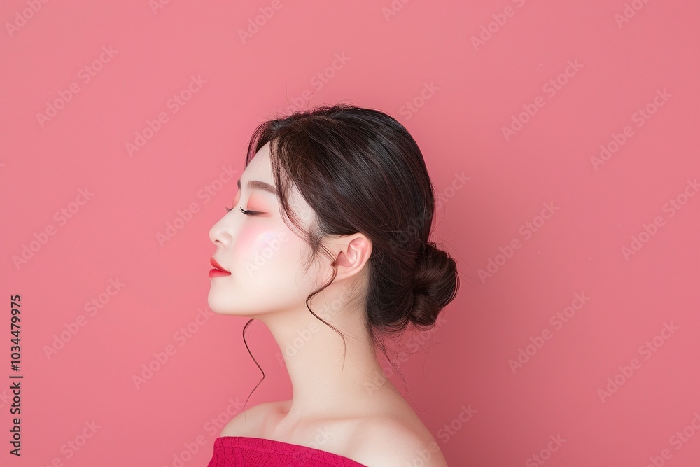 Side Profile of Woman in Red Dress on Pink Background, Minimalist Portrait, Soft Expression, Feminine Elegance, Copy Space for Text, Calm Vibe, Natural Lighting


