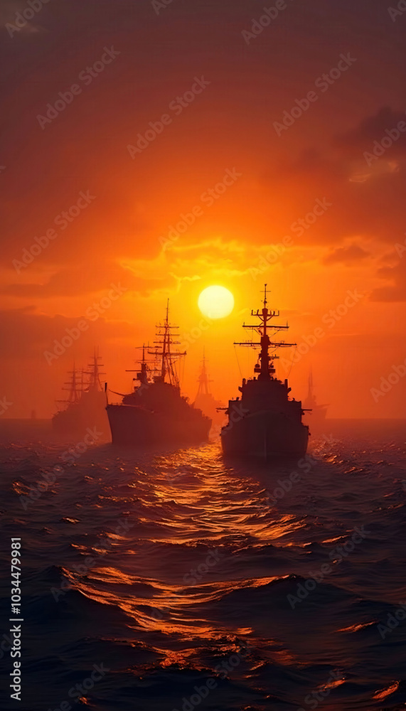 A majestic view of a naval fleet at sunset, with silhouettes of ships against the warm colors of the sky, creating a powerful and serene maritime scene. A majestic view of a naval fleet at sunset, with silhouettes of ships against the warm colors of the sky, creating a powerful and serene maritime scene.