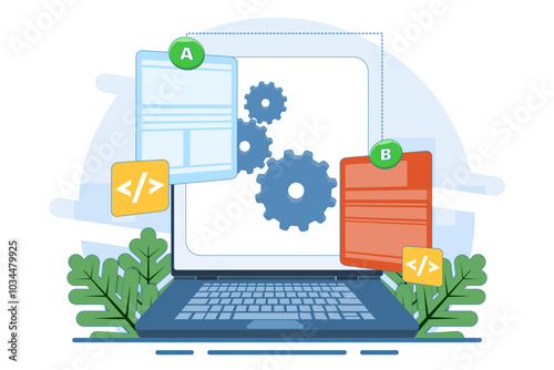 AB testing concept, Comparison of separate wireframe applications on smart device display, comparing test results between 2 website design pages. Flat vector illustration.