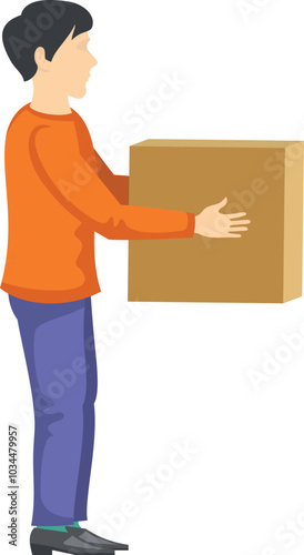 Boy carrying cardboard box. Heavy package lifting