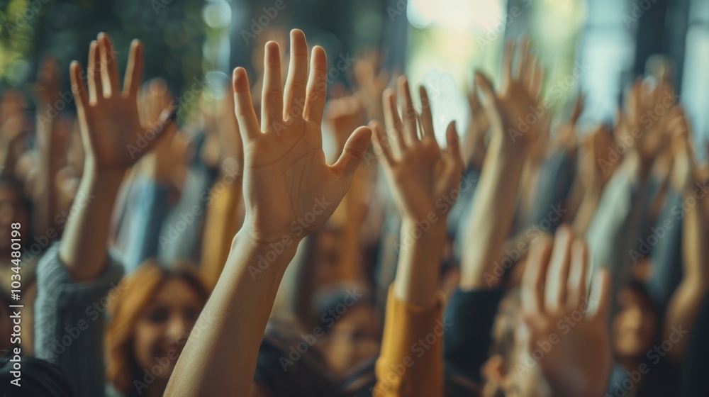 Group of diverse people raising hands in a seminar Group of diverse people raising hands in a seminar