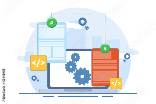 AB testing concept, Comparison of separate wireframe applications on smart device display, comparing test results between 2 website design pages. Flat vector illustration.