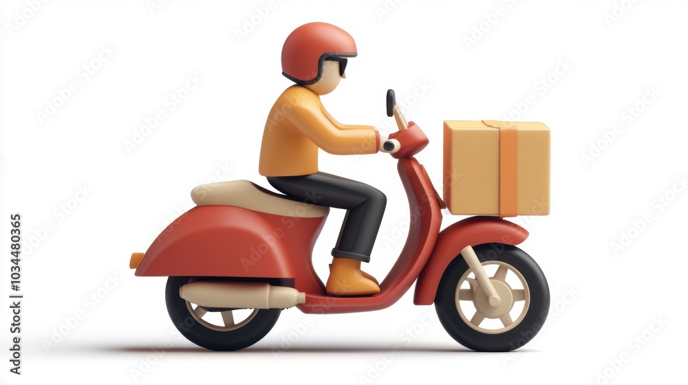3D illustration of a delivery person riding a red scooter with a package 3D illustration of a delivery person riding a red scooter with a package