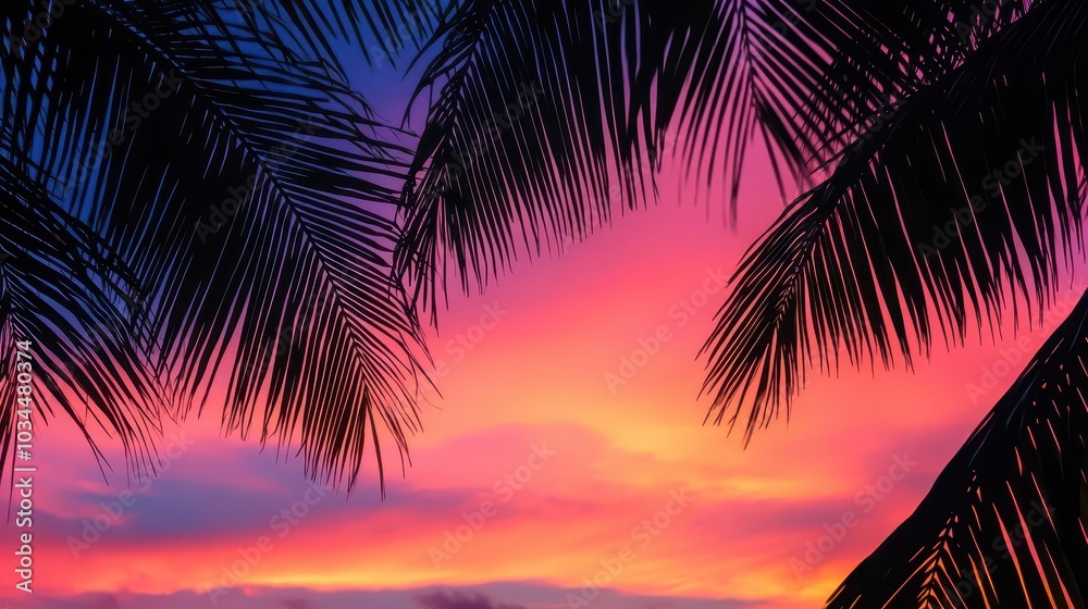 Close-up of palm tree silhouettes framed by the colorful sky at dawn, capturing the essence of a tropical paradise Close-up of palm tree silhouettes framed by the colorful sky at dawn, capturing the essence of a tropical paradise