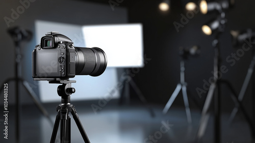 Professional camera is standing on a tripod, ready for a photo shooting in a modern photo studio