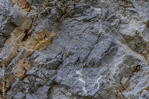 Rugged granite cliff face showcasing weathered textures and geological formations in a natural landscape under soft daylight