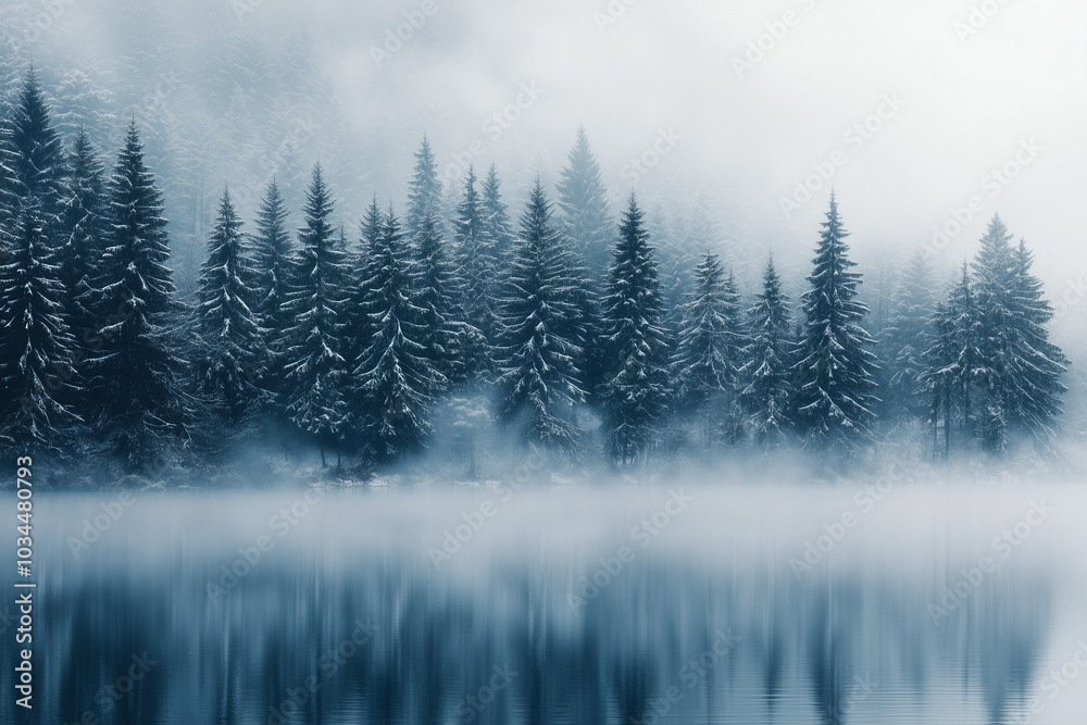 Abstract misty pine forest background. Winter landscape with foggy trees and snow-covered mountains in the background Abstract misty pine forest background. Winter landscape with foggy trees and snow-covered mountains in the background