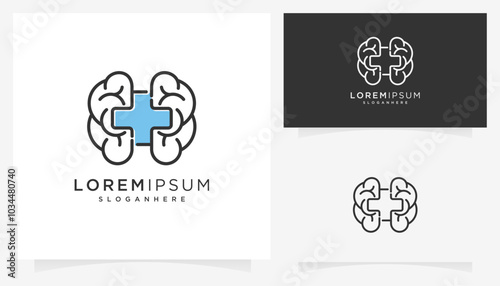 Abstract vector of health cross and brains icons symbols. Creative mental health logo design ideas.
