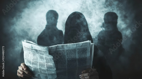 Mysterious Hooded Figure Reading Newspaper Representing Fake News and Deception