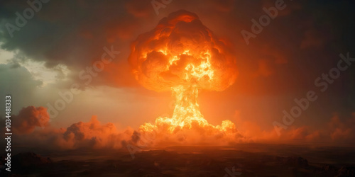 A dramatic nuclear bomb explosion, featuring a massive mushroom cloud rising into the sky, symbolizing the immense power and destruction of nuclear weapons.

 photo