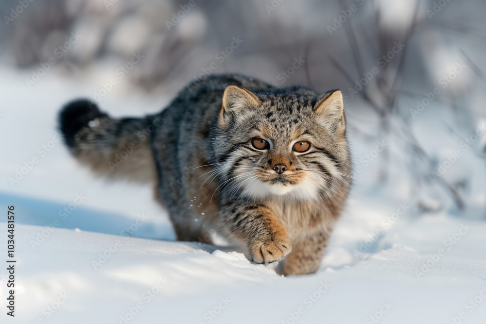 Manul (Pallas cat) stalking across snowy wilderness Manul (Pallas cat) stalking across snowy wilderness