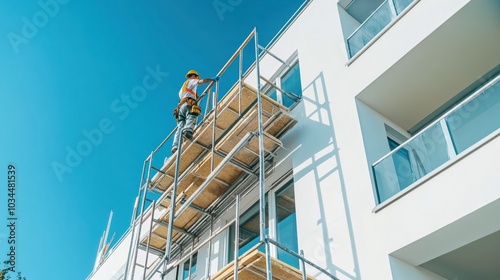 Painter on Scaffolding Applying White Paint on Modern House Exterior Under Clear Blue Sky. Generative AI