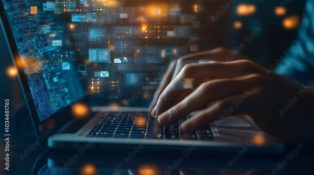 Software developer is working at night typing code on a laptop with a digital interface in front of him Software developer is working at night typing code on a laptop with a digital interface in front of him