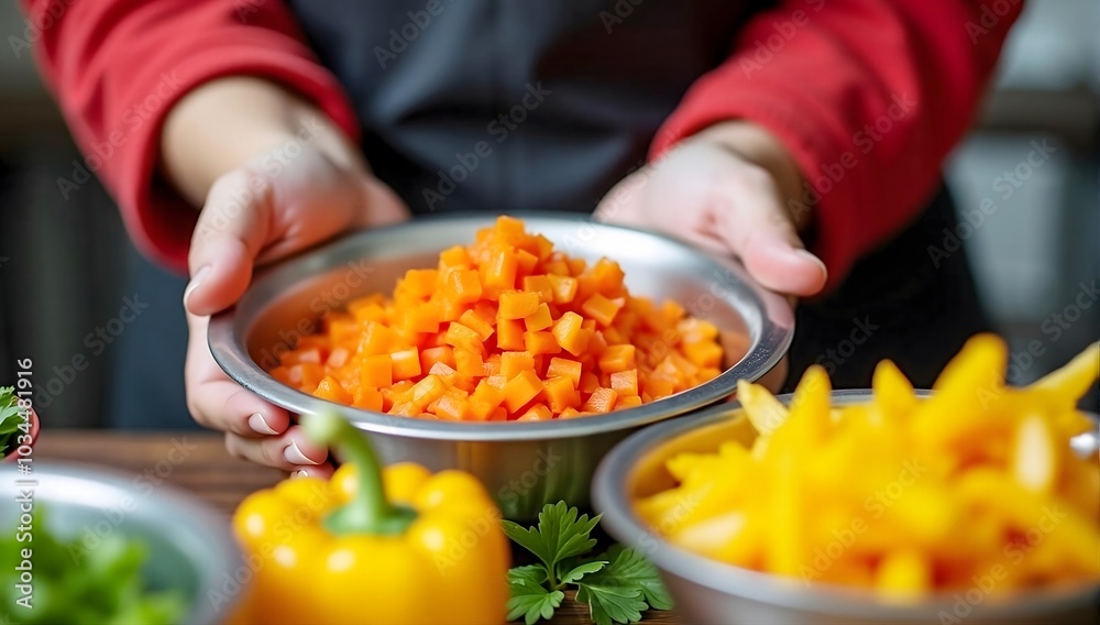 A woman's hand skillfully prepares a fresh, healthy salad in the home kitchen, using a variety of colorful vegetables