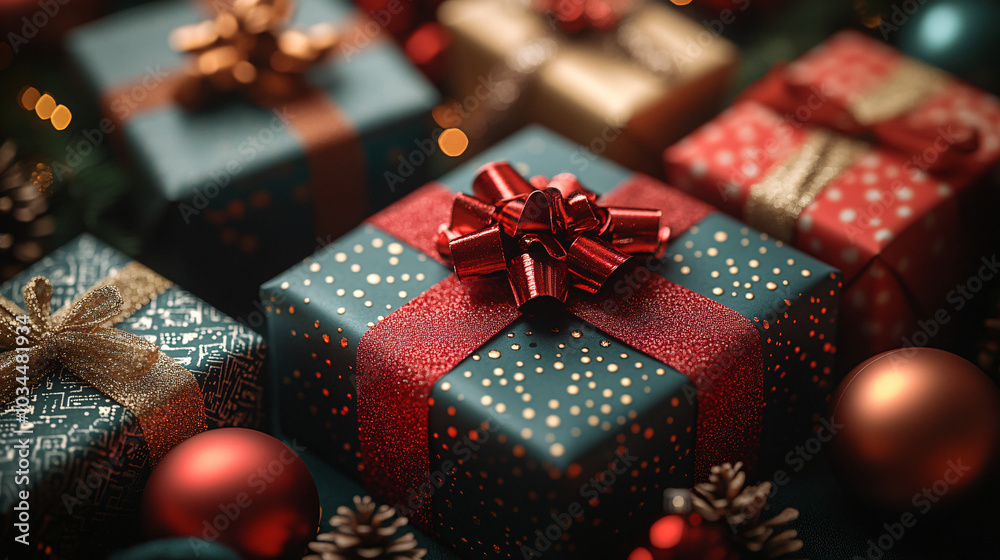 Colorful gift boxes arranged on deep emerald green background, evoking festive holiday atmosphere. Suitable for holiday messaging and gift-related content.